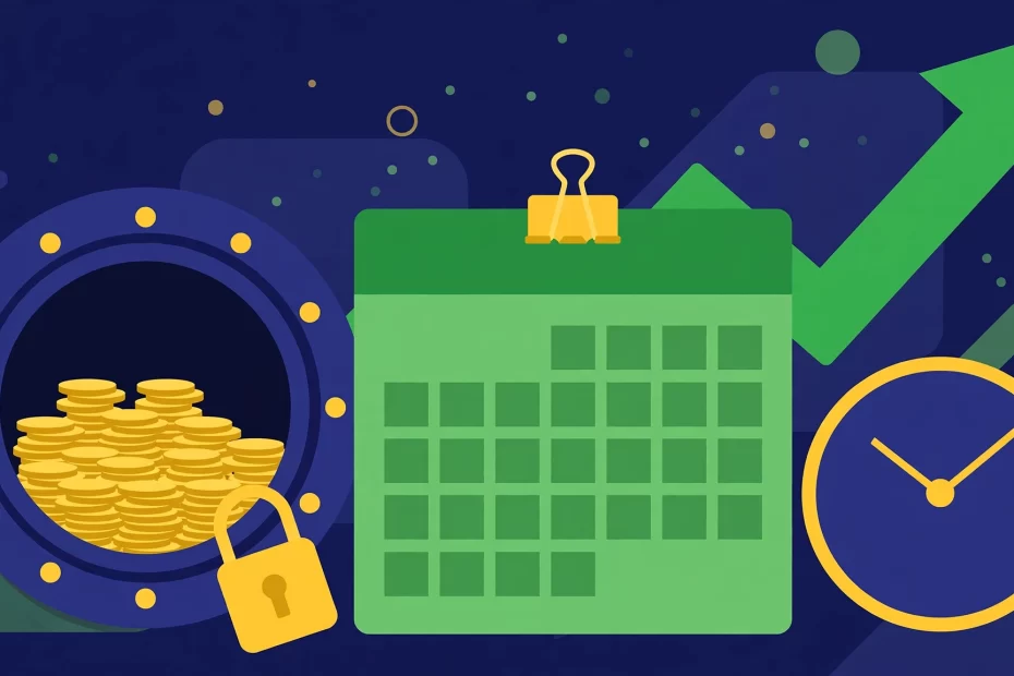 Ilustración de un depósito a plazo fijo: bóveda con monedas de oro, candado, calendario y flecha de crecimiento