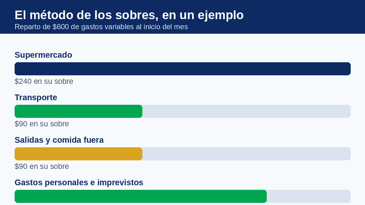 Ejemplo del método de los sobres: reparto de $600 en efectivo entre supermercado, transporte, salidas y gastos personales
