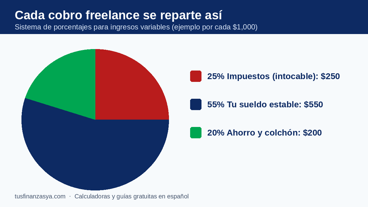 Presupuesto para freelancers: reparte cada ingreso en porcentajes, aparta impuestos primero y crea un colchón de meses flojos