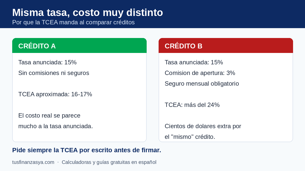 Dos créditos con la misma tasa del 15%: sin cargos la TCEA queda en 16-17%, con comisiones y seguro supera el 24%