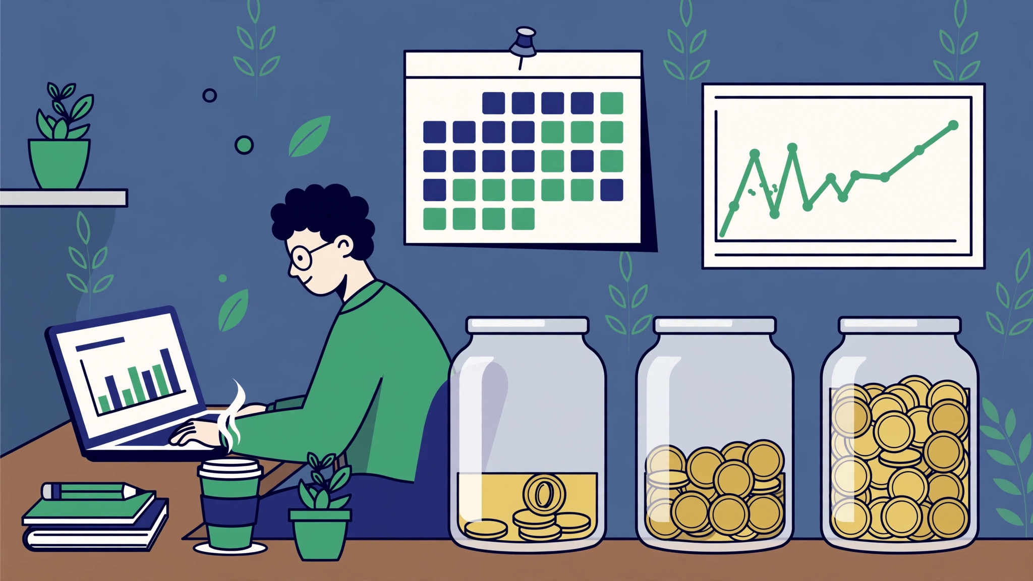 Freelancer en su escritorio con tres frascos de monedas para impuestos, sueldo y ahorro, organizando un presupuesto de ingresos variables